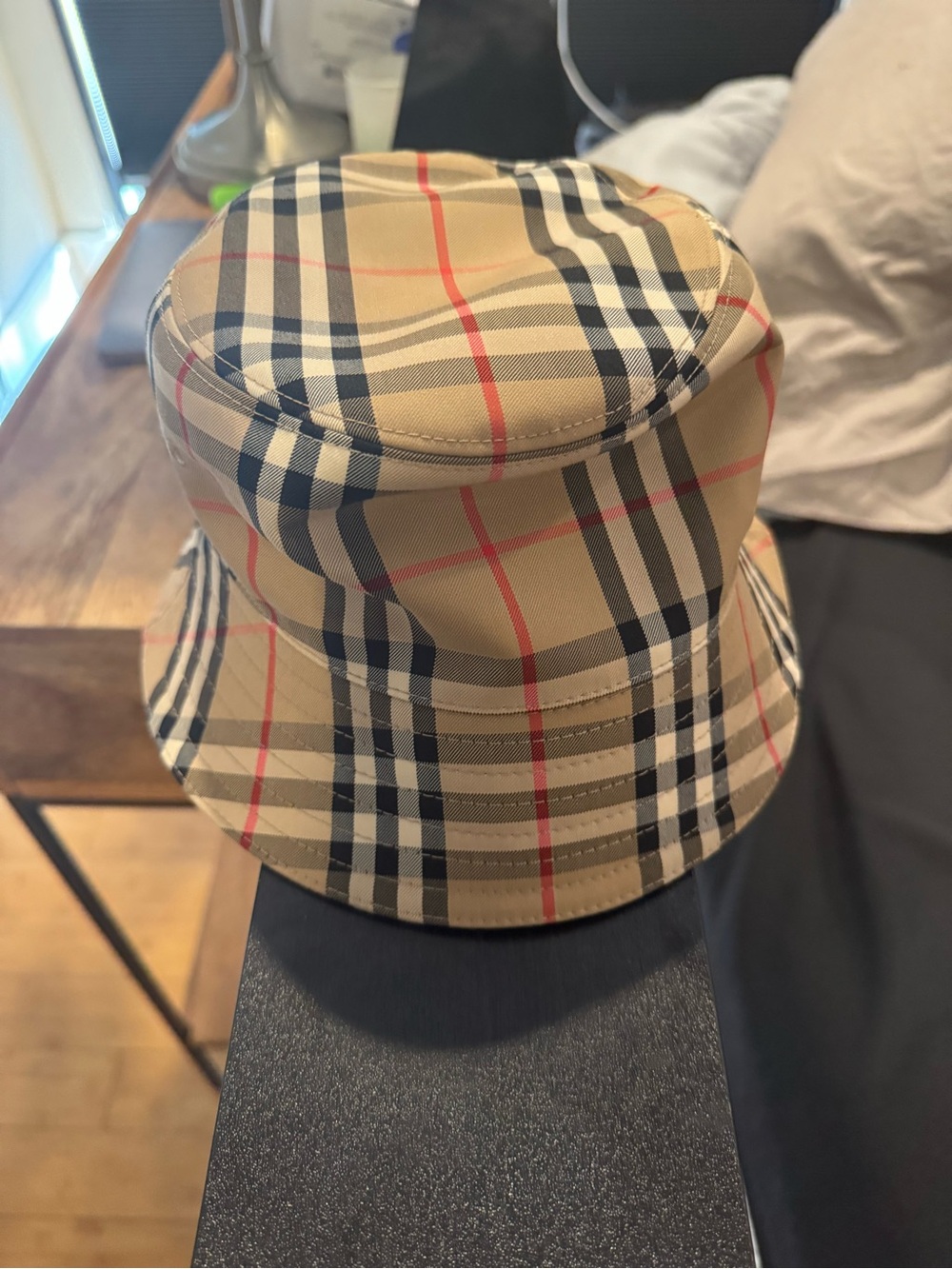 Burberry Tan Plaid Bucket Hat with Black & Red Accents - Picture 8 of 10